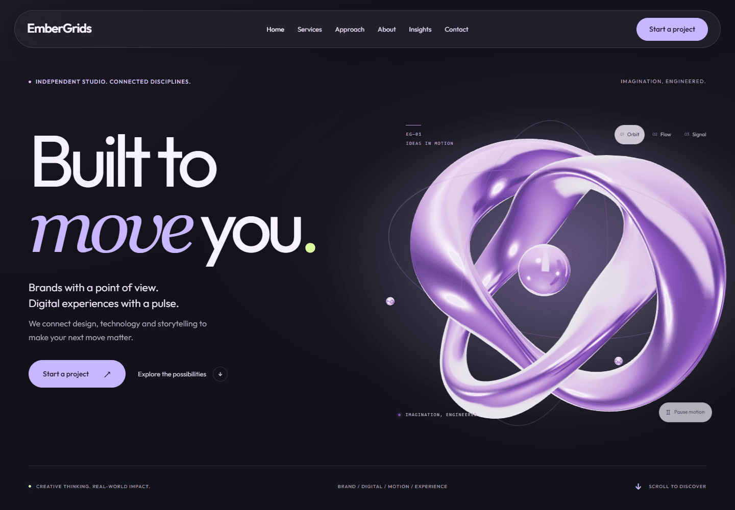 The EmberGrids homepage with its Built to move you headline, lavender 3D sculpture and project link