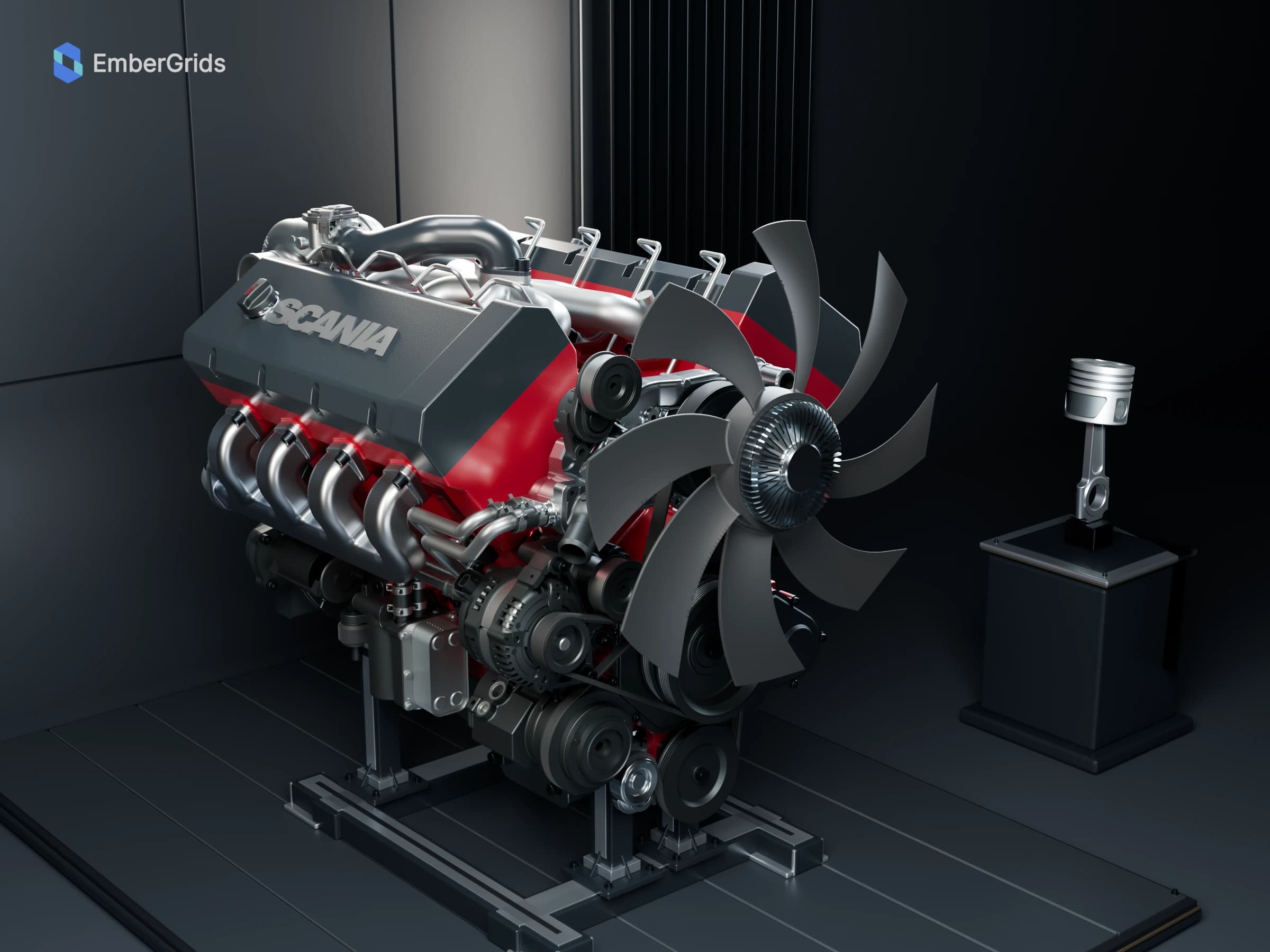 Finished material render: the complete Scania V8 XT engine in a front three-quarter composition on its display cradle.