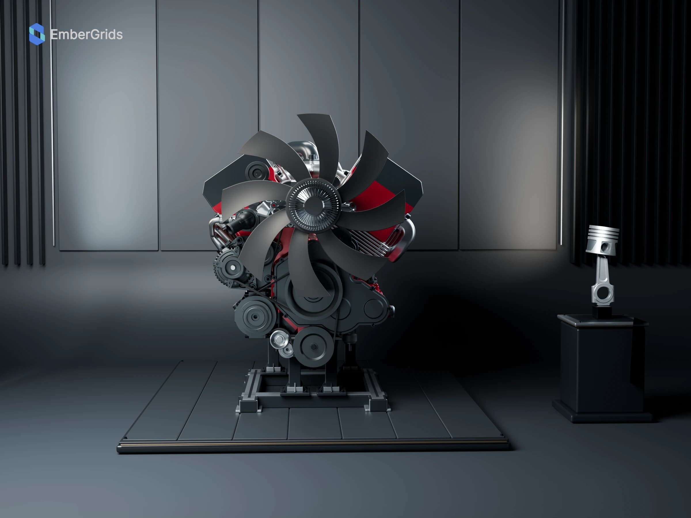 Finished material render: a low frontal view of the Scania V8 XT engine, front accessories and display cradle.