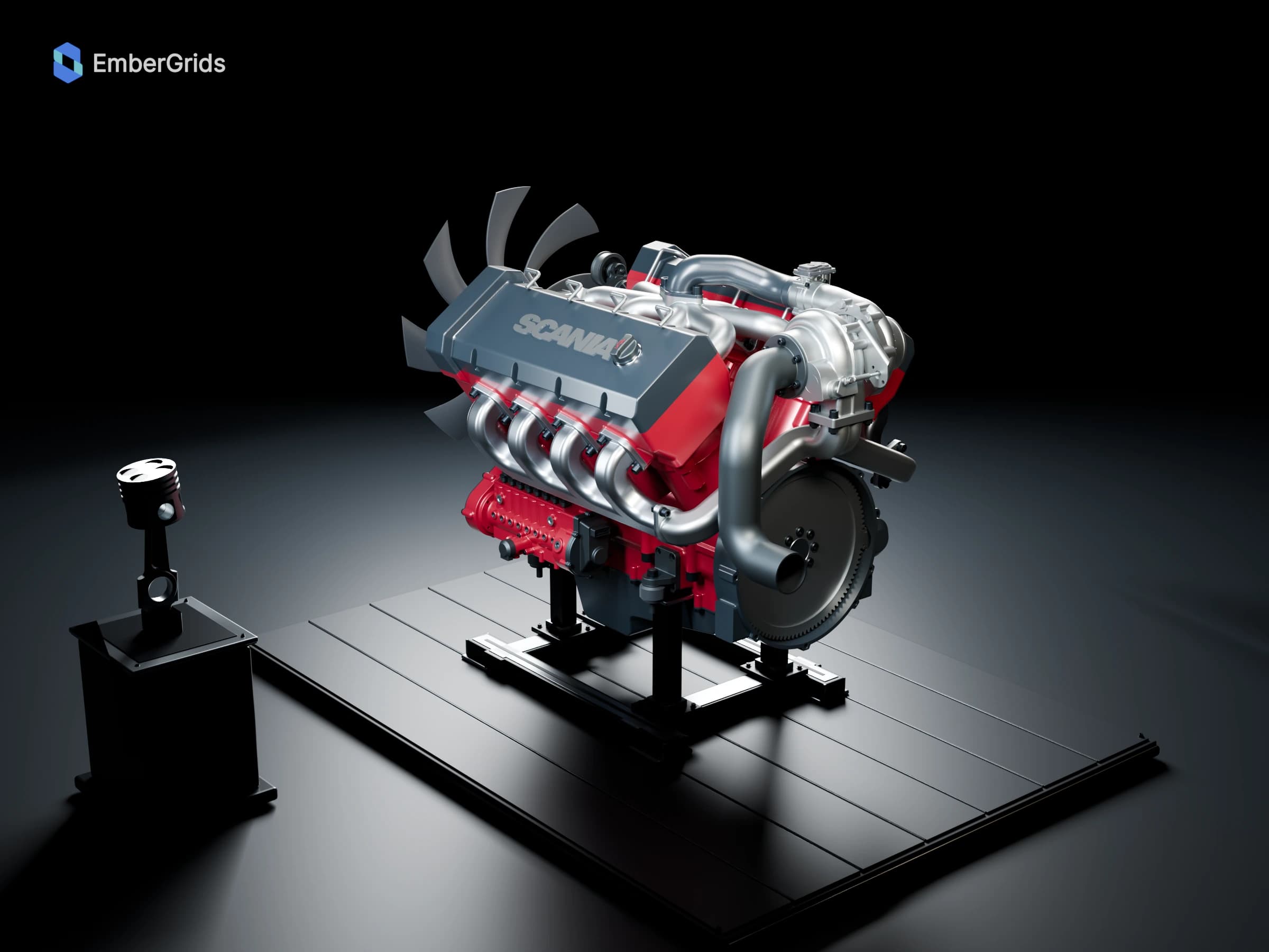 Finished material render: the rear three-quarter view of the Scania V8 XT engine and its mechanical assemblies.