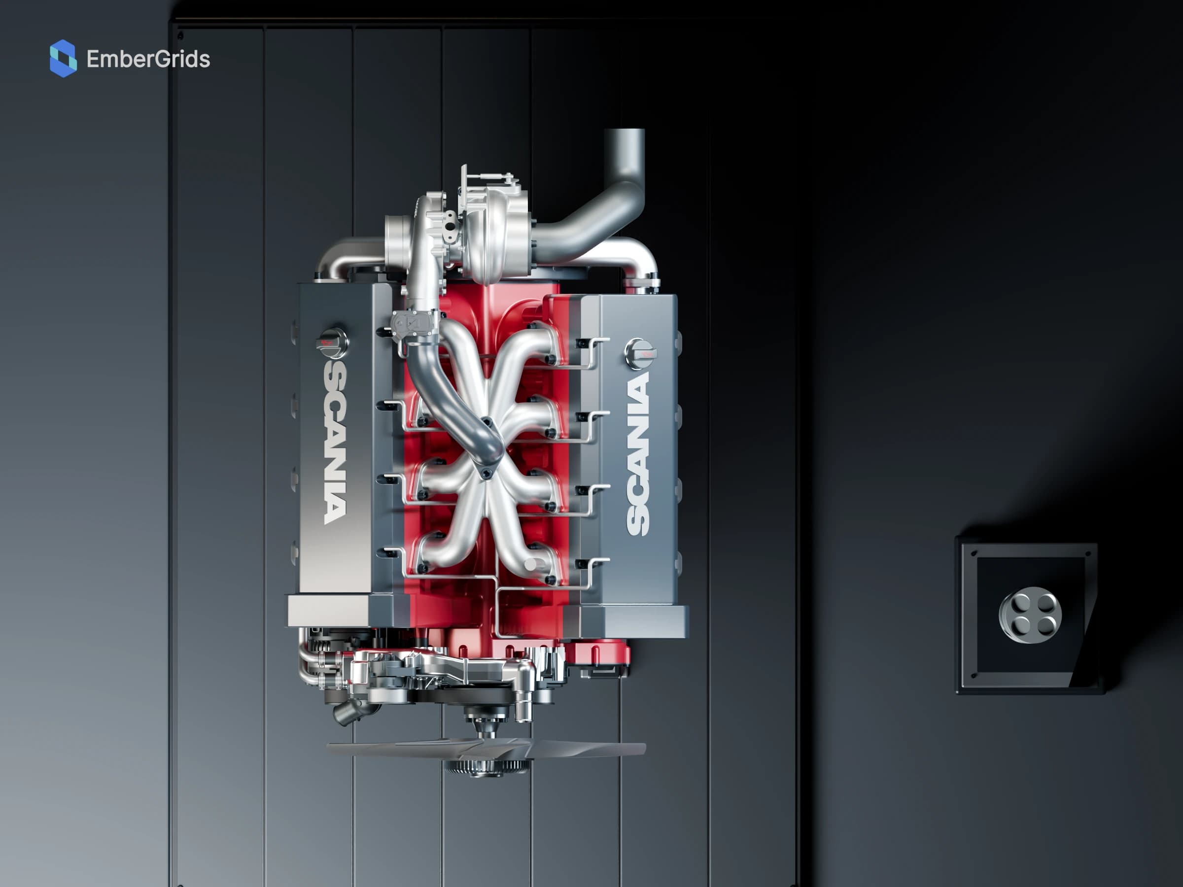 Finished material render: an orthographic overhead view of the Scania V8 XT engine and its assembly layout.
