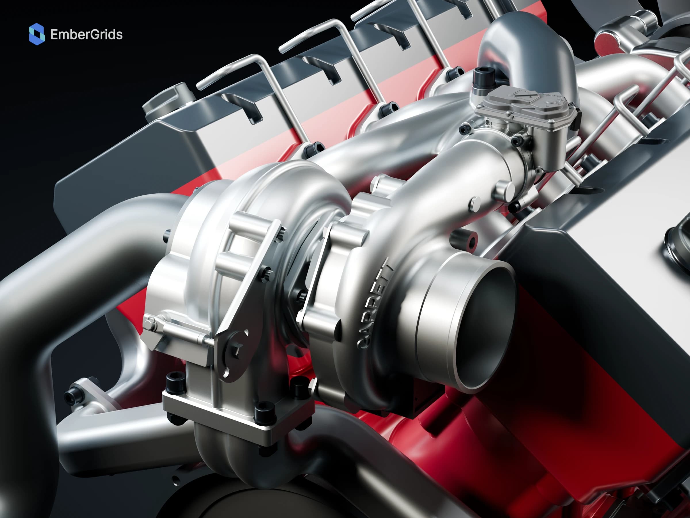 Finished material render: a close view of the Scania V8 XT turbo housing, connecting pipework and adjacent hardware.