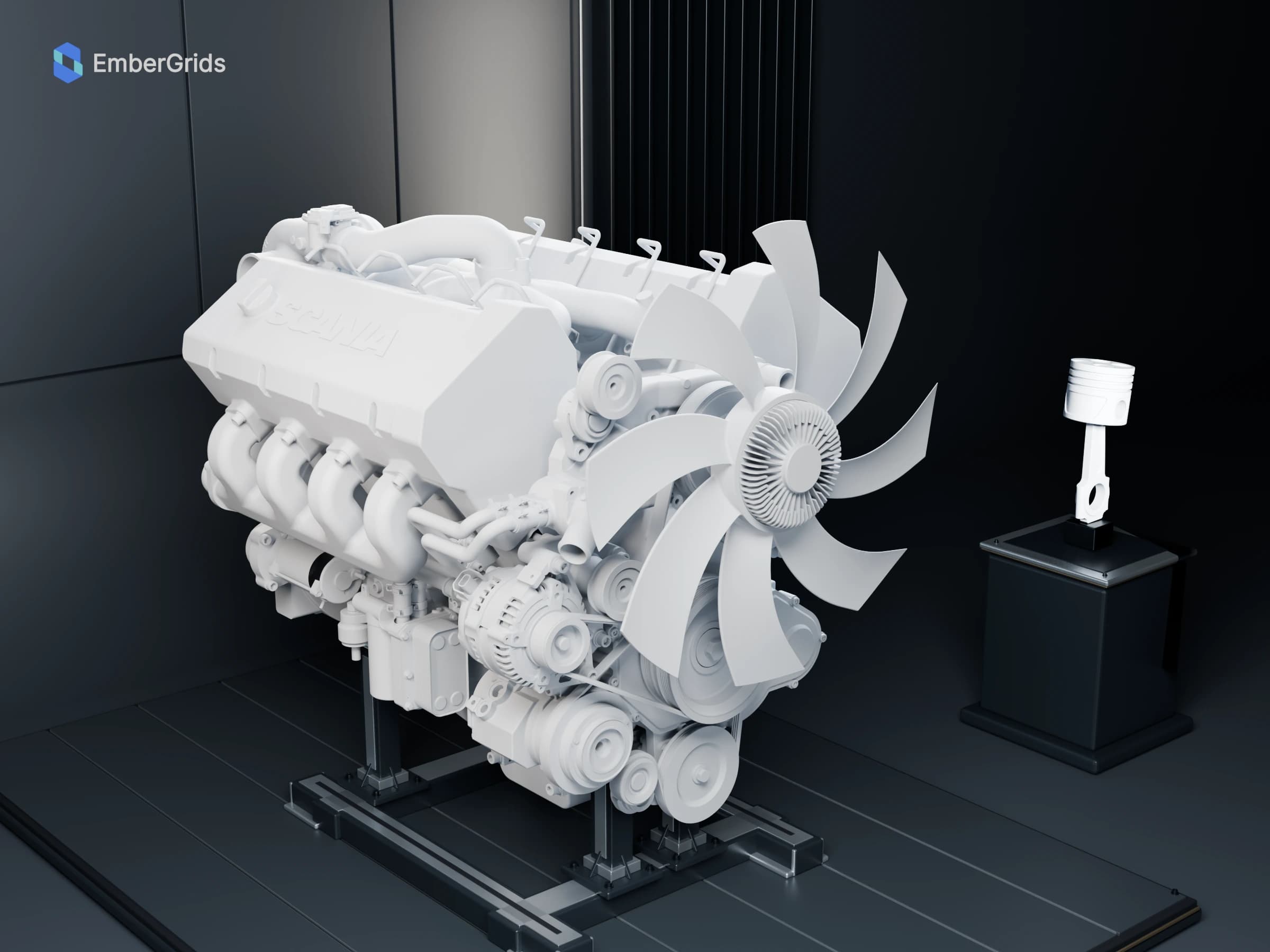 The same Scania V8 XT view in a neutral clay material