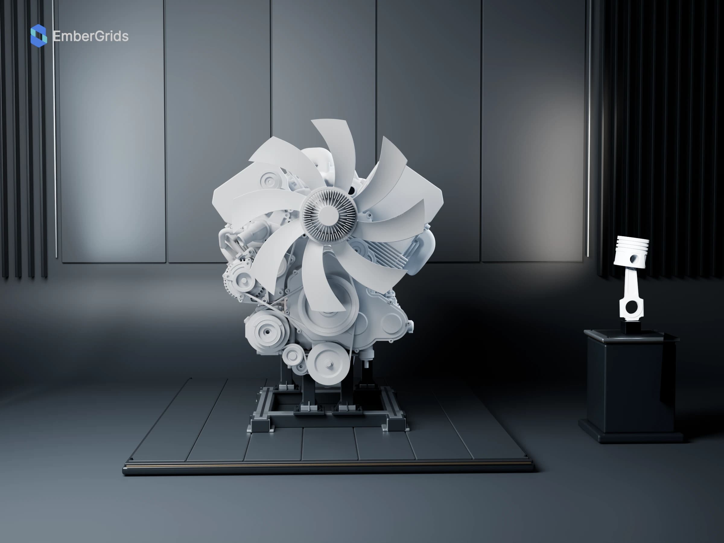 Neutral clay render: a low frontal view of the Scania V8 XT engine, front accessories and display cradle.