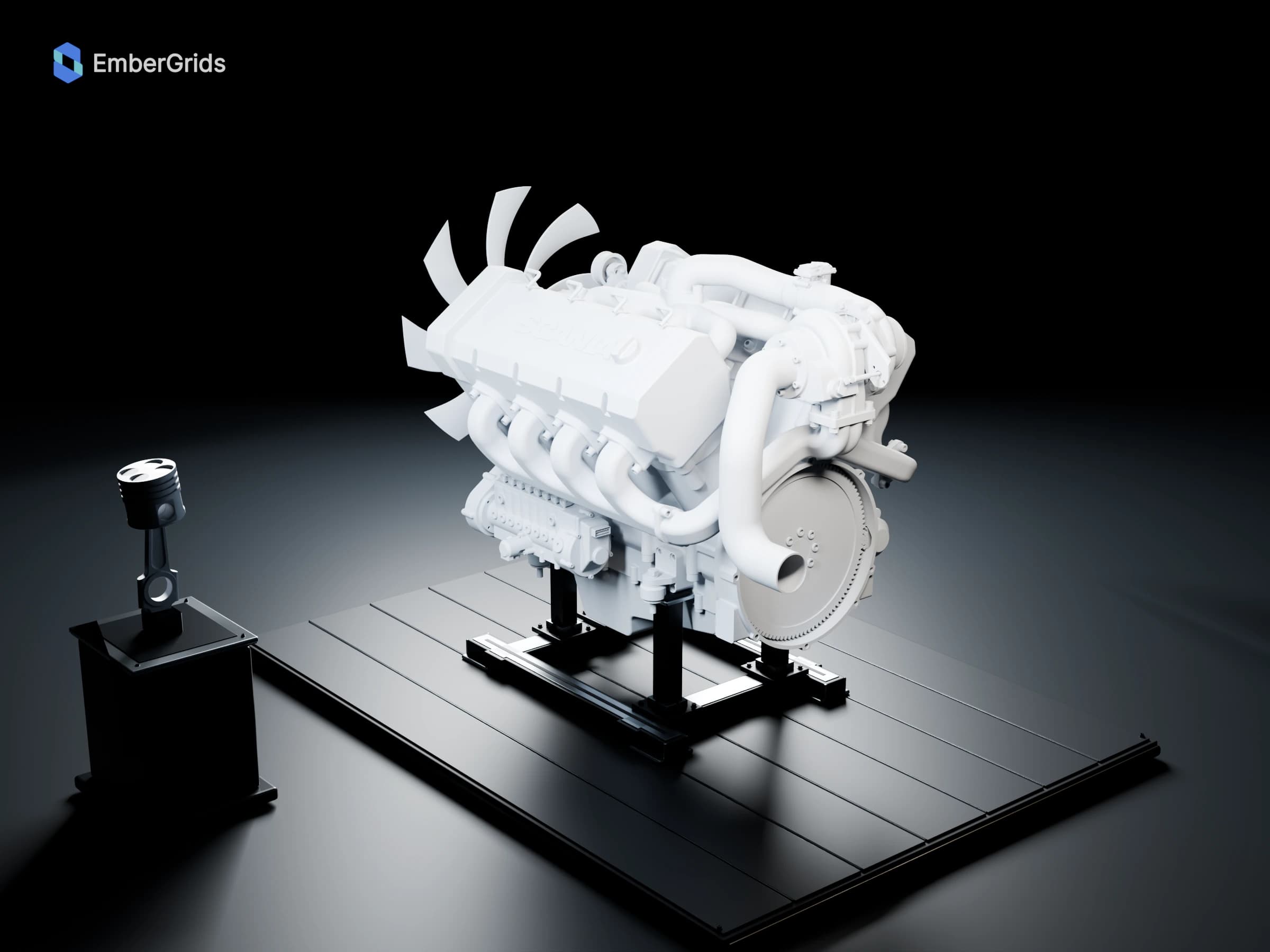 Neutral clay render: the rear three-quarter view of the Scania V8 XT engine and its mechanical assemblies.