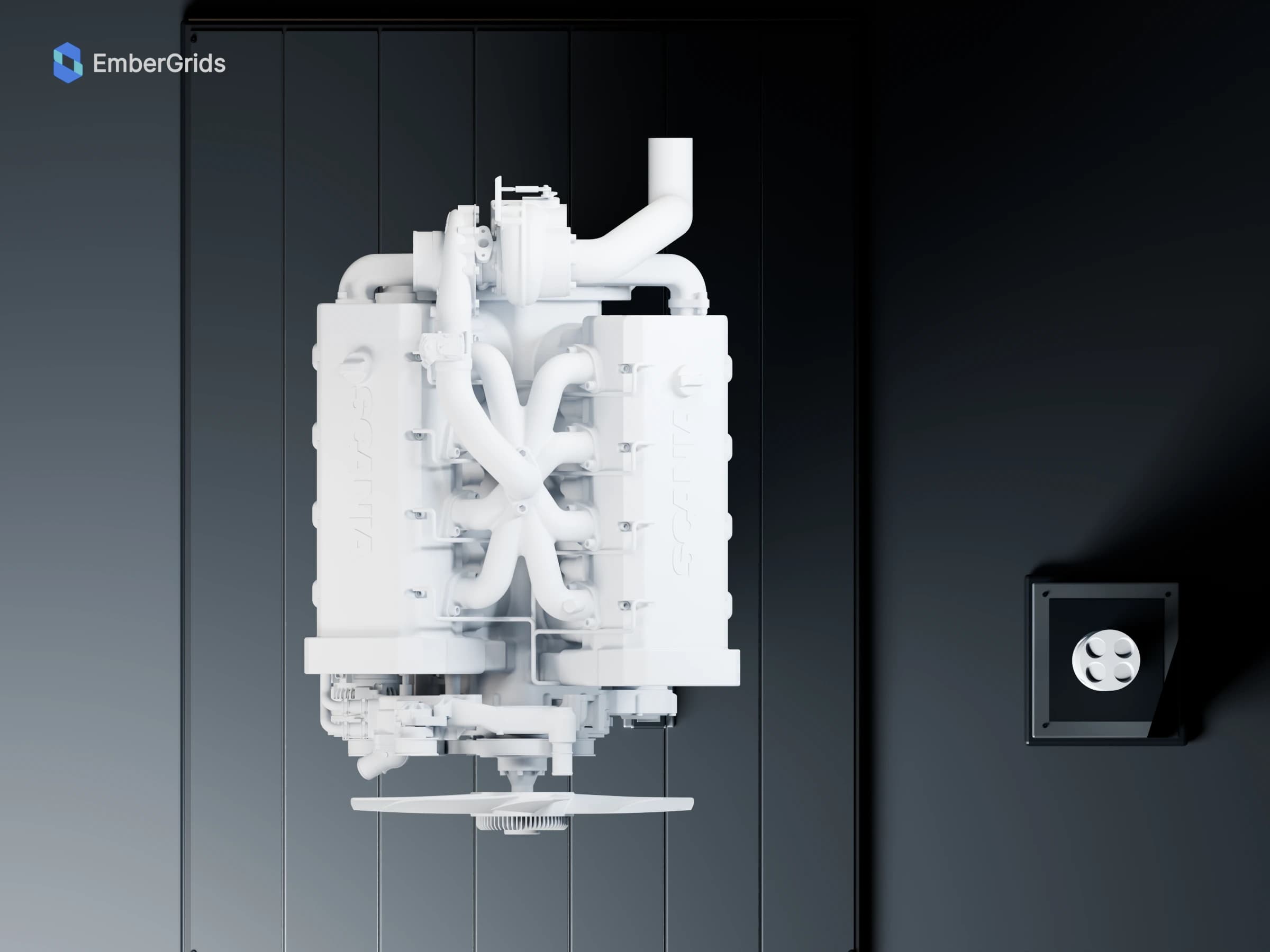 Neutral clay render: an orthographic overhead view of the Scania V8 XT engine and its assembly layout.