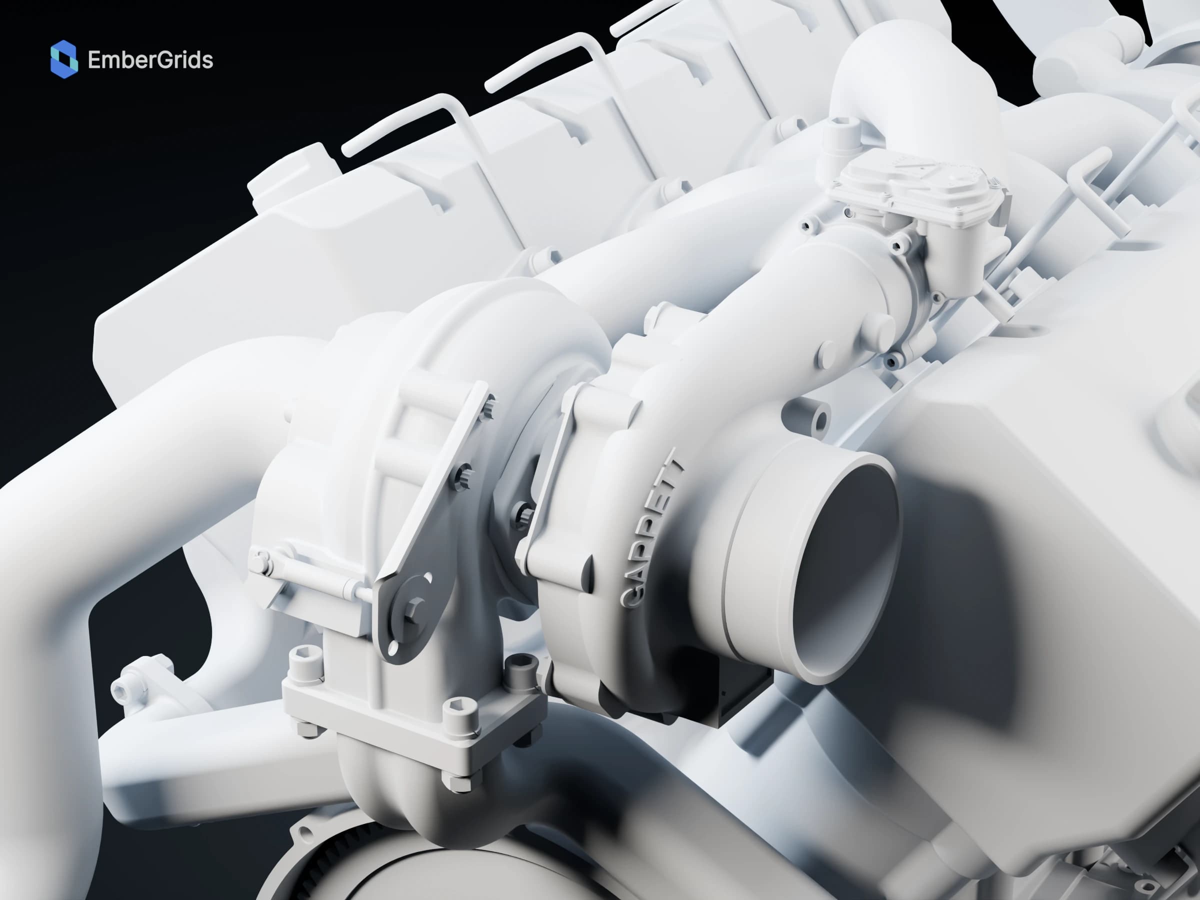 Neutral clay render: a close view of the Scania V8 XT turbo housing, connecting pipework and adjacent hardware.
