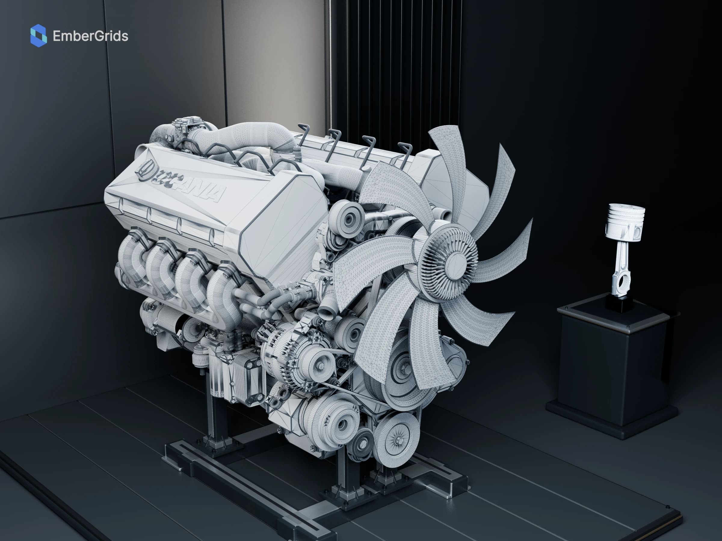 The same Scania V8 XT view showing its wireframe geometry