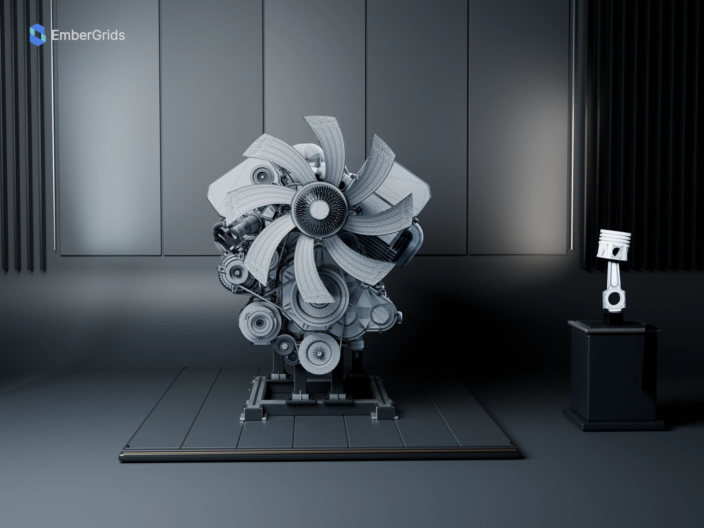 Wireframe render: a low frontal view of the Scania V8 XT engine, front accessories and display cradle.