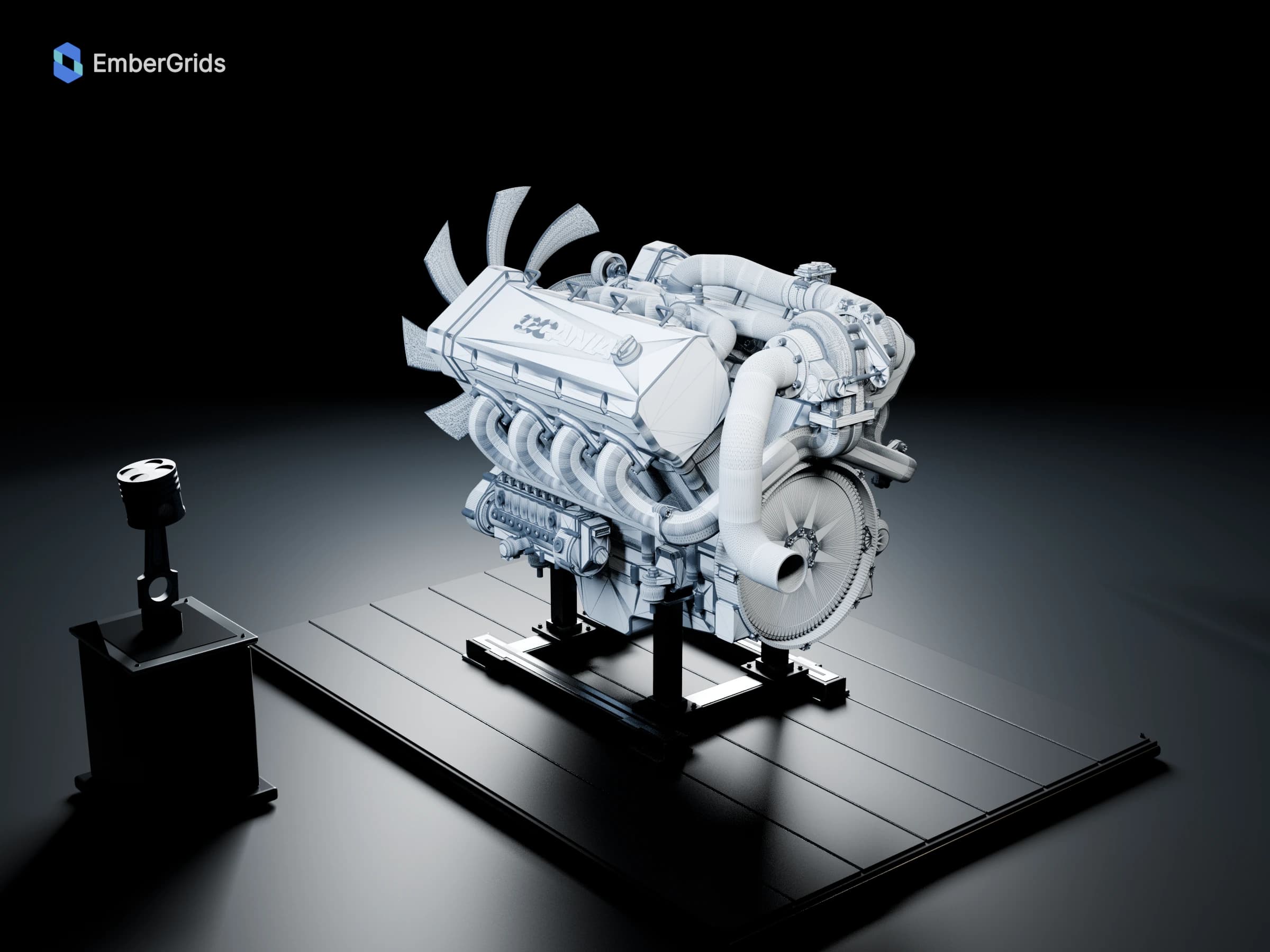 Wireframe render: the rear three-quarter view of the Scania V8 XT engine and its mechanical assemblies.