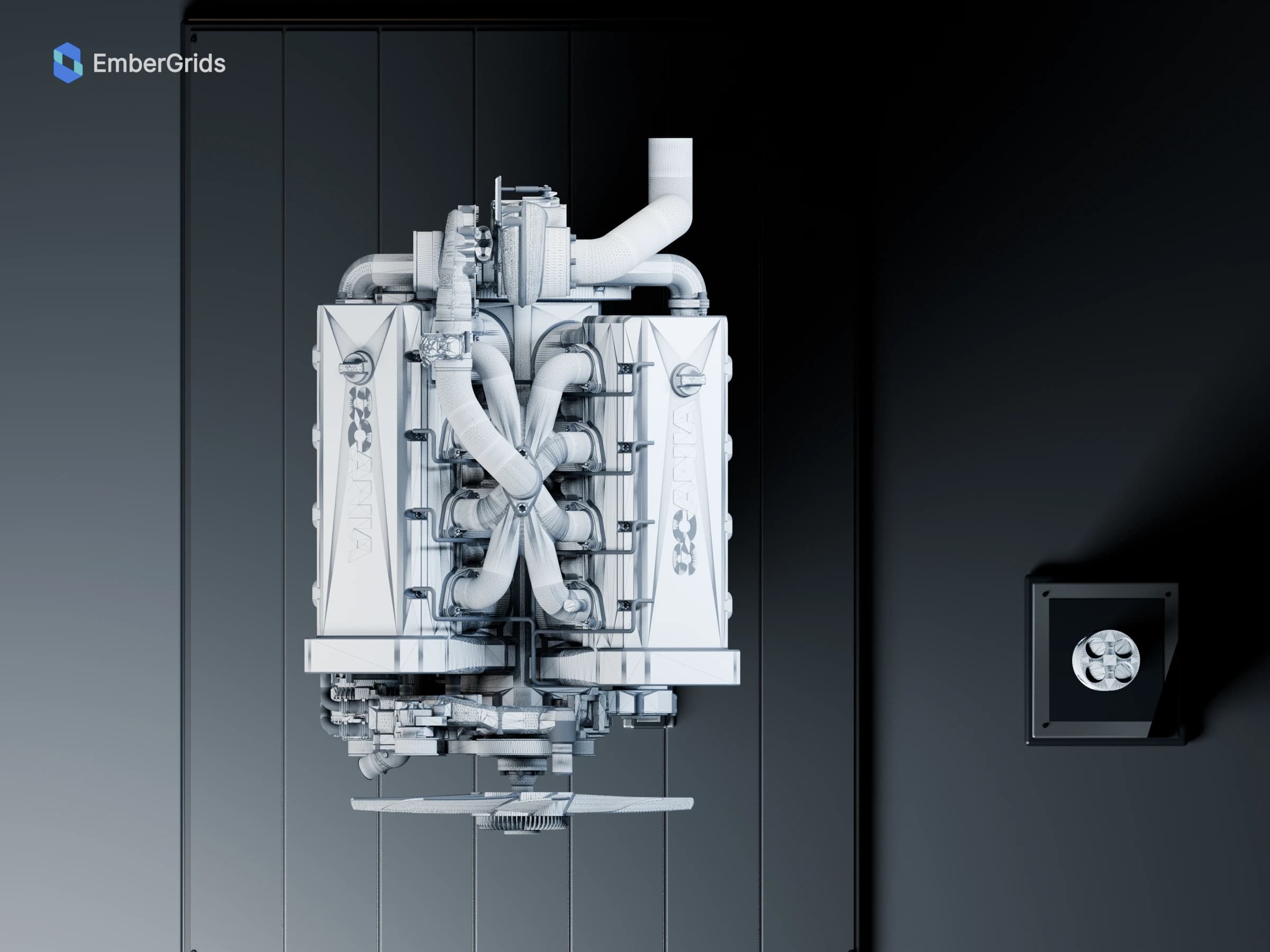 Wireframe render: an orthographic overhead view of the Scania V8 XT engine and its assembly layout.