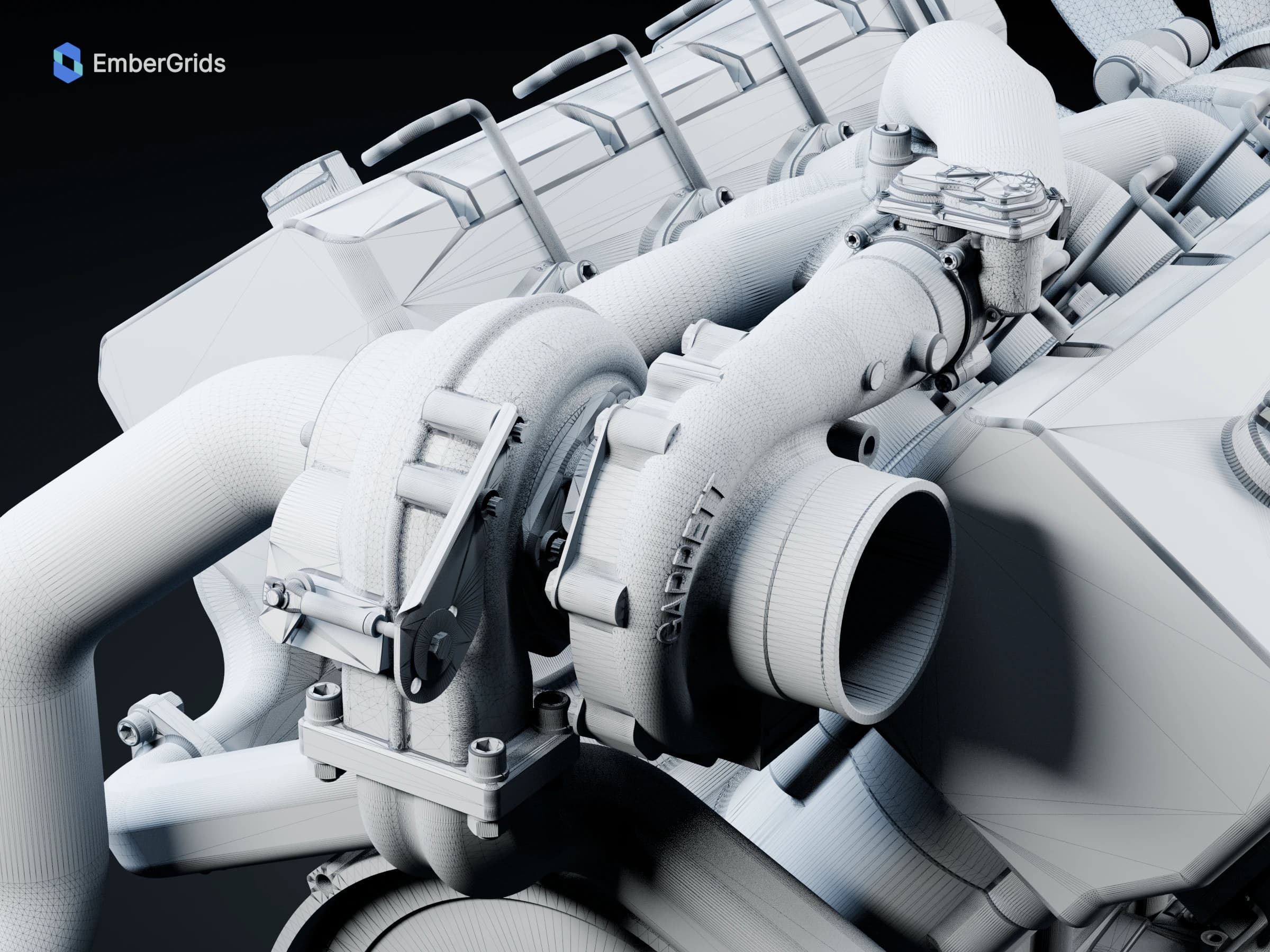 Wireframe render: a close view of the Scania V8 XT turbo housing, connecting pipework and adjacent hardware.