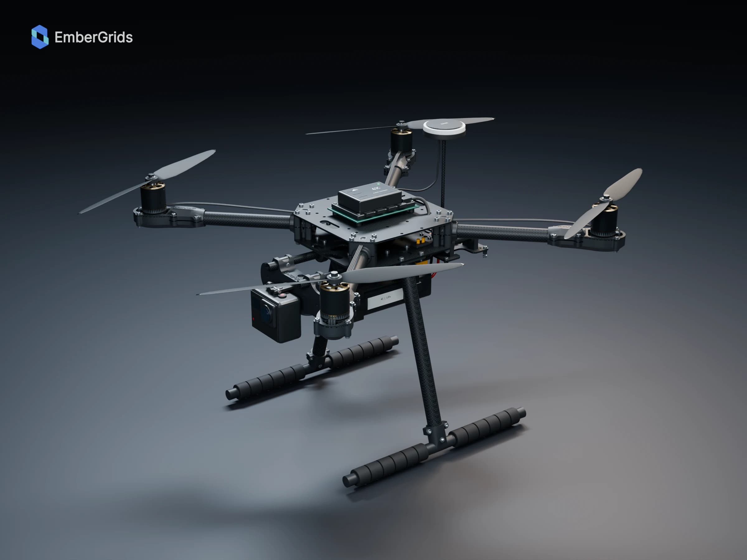 X500 camera quadcopter in a front three-quarter studio composition with finished materials and directional lighting