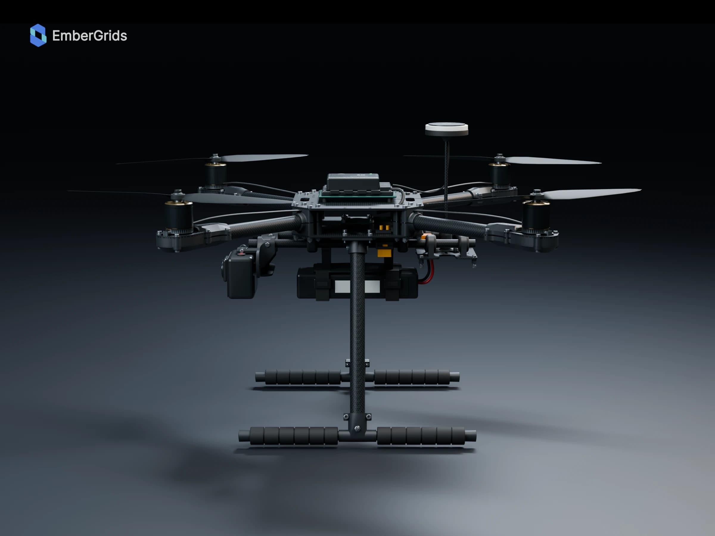 Finished material render: front view of the quadcopter and camera assembly