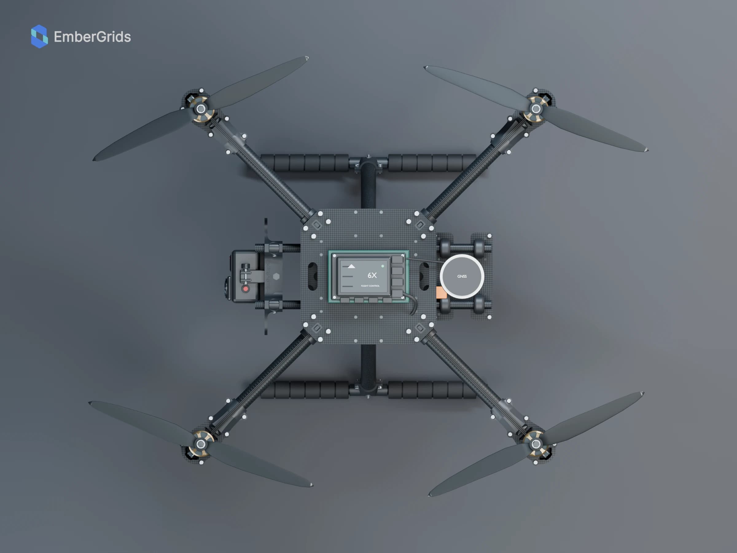 Finished material render: overhead view of the four-rotor airframe