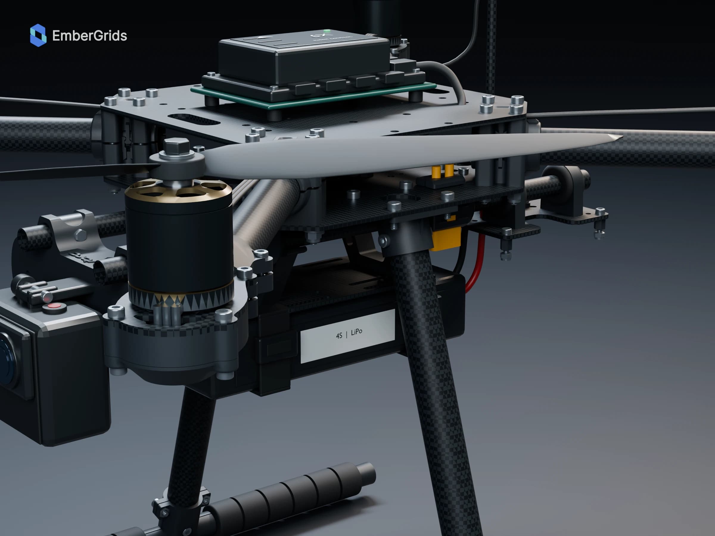 Finished material render: close view of the camera and electronics assembly
