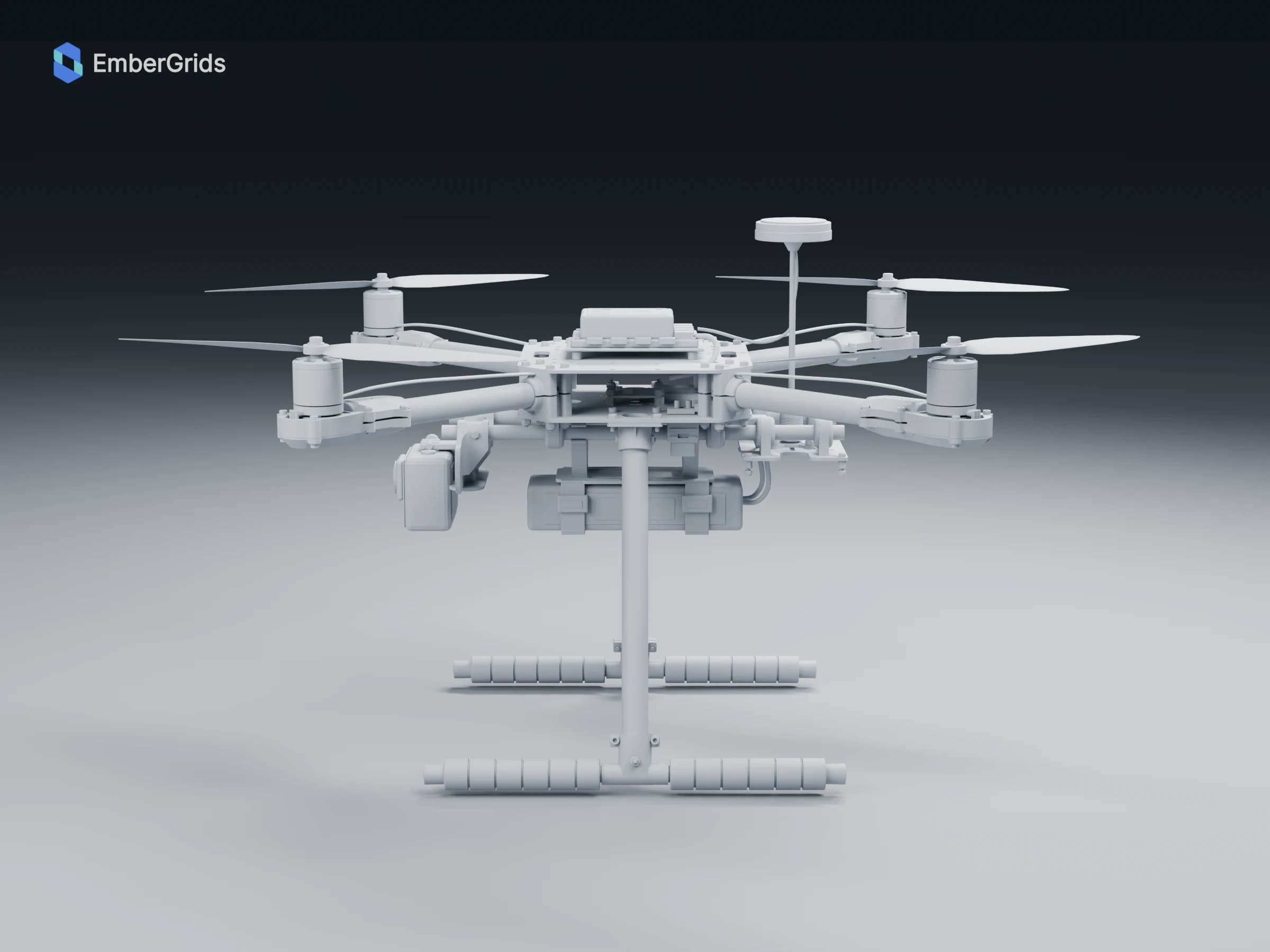 Neutral clay render: front view of the quadcopter and camera assembly