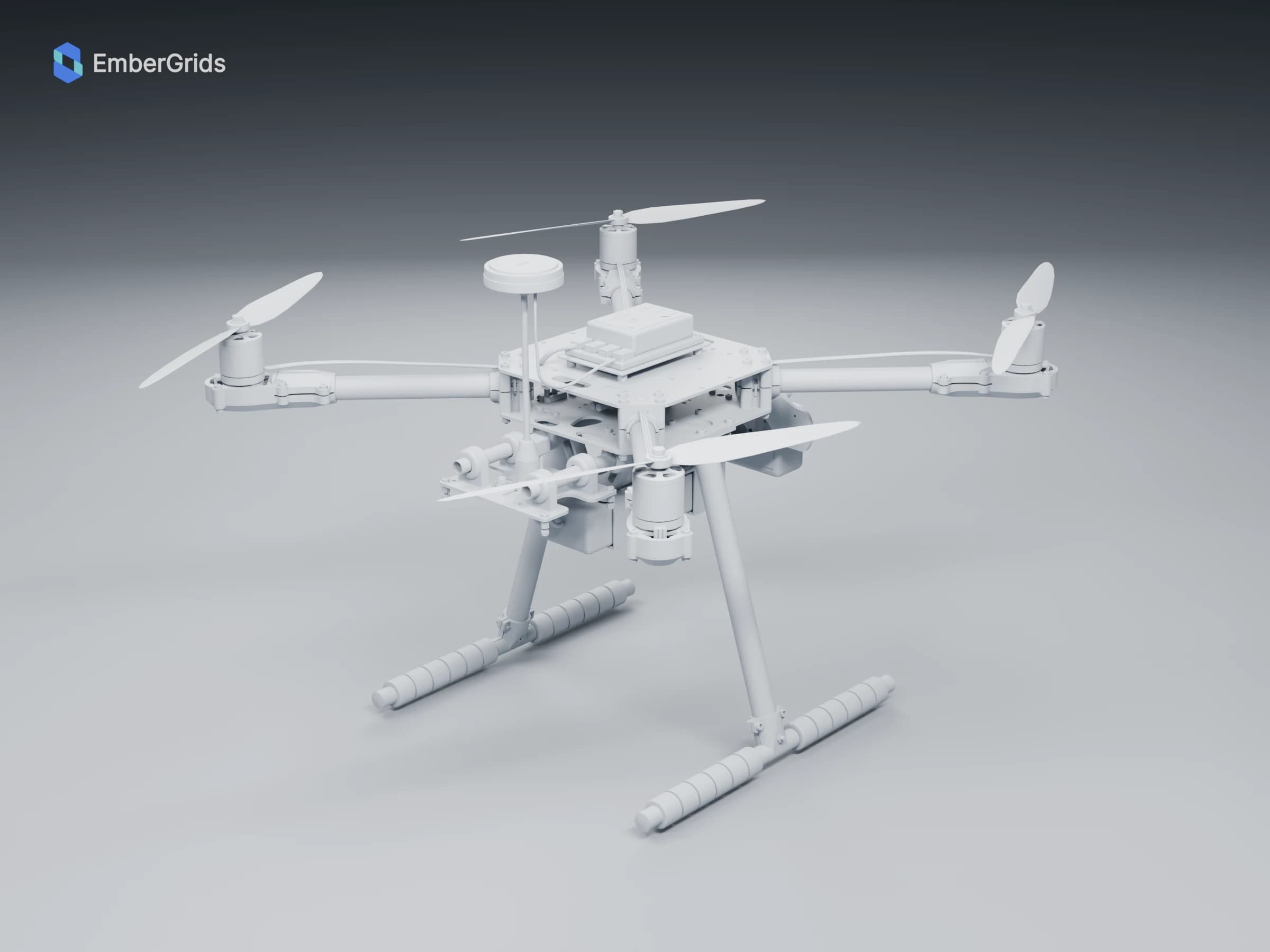 Neutral clay render: rear three-quarter view of the airframe and landing gear