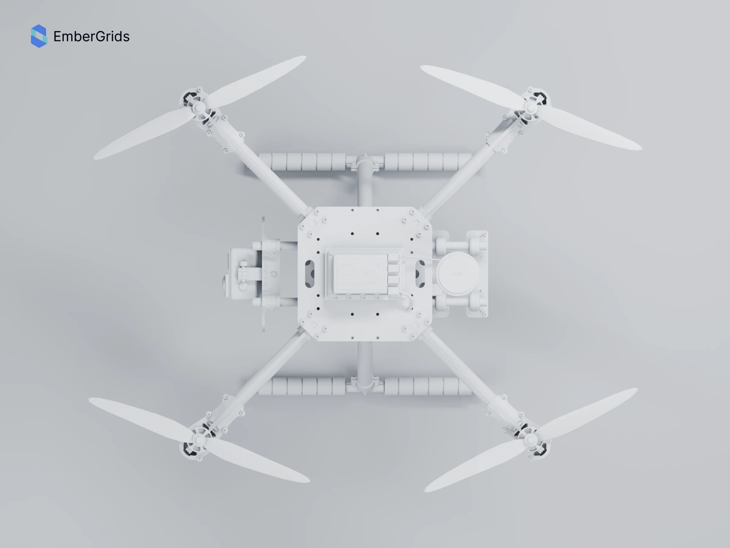 Neutral clay render: overhead view of the four-rotor airframe