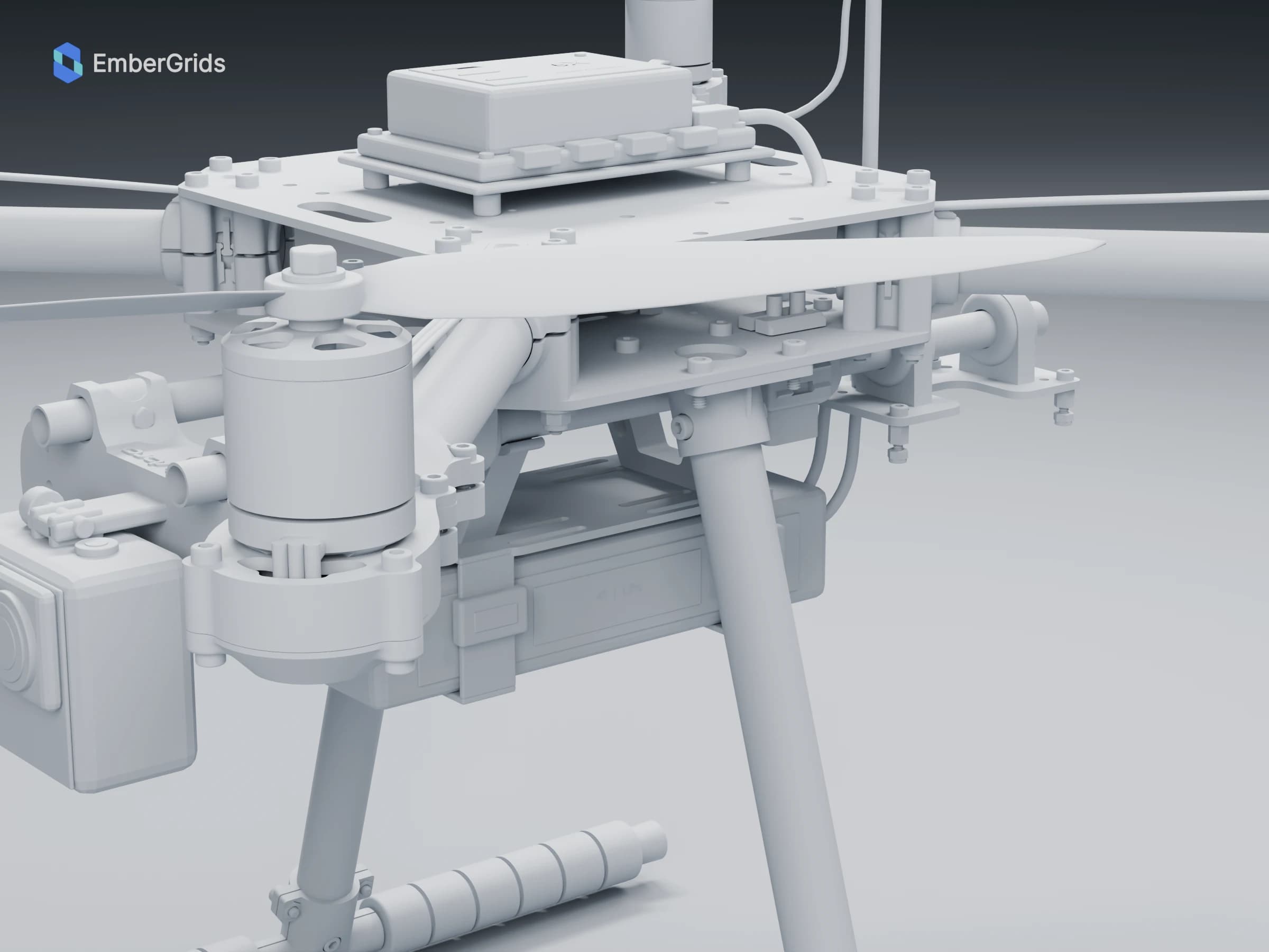 Neutral clay render: close view of the camera and electronics assembly
