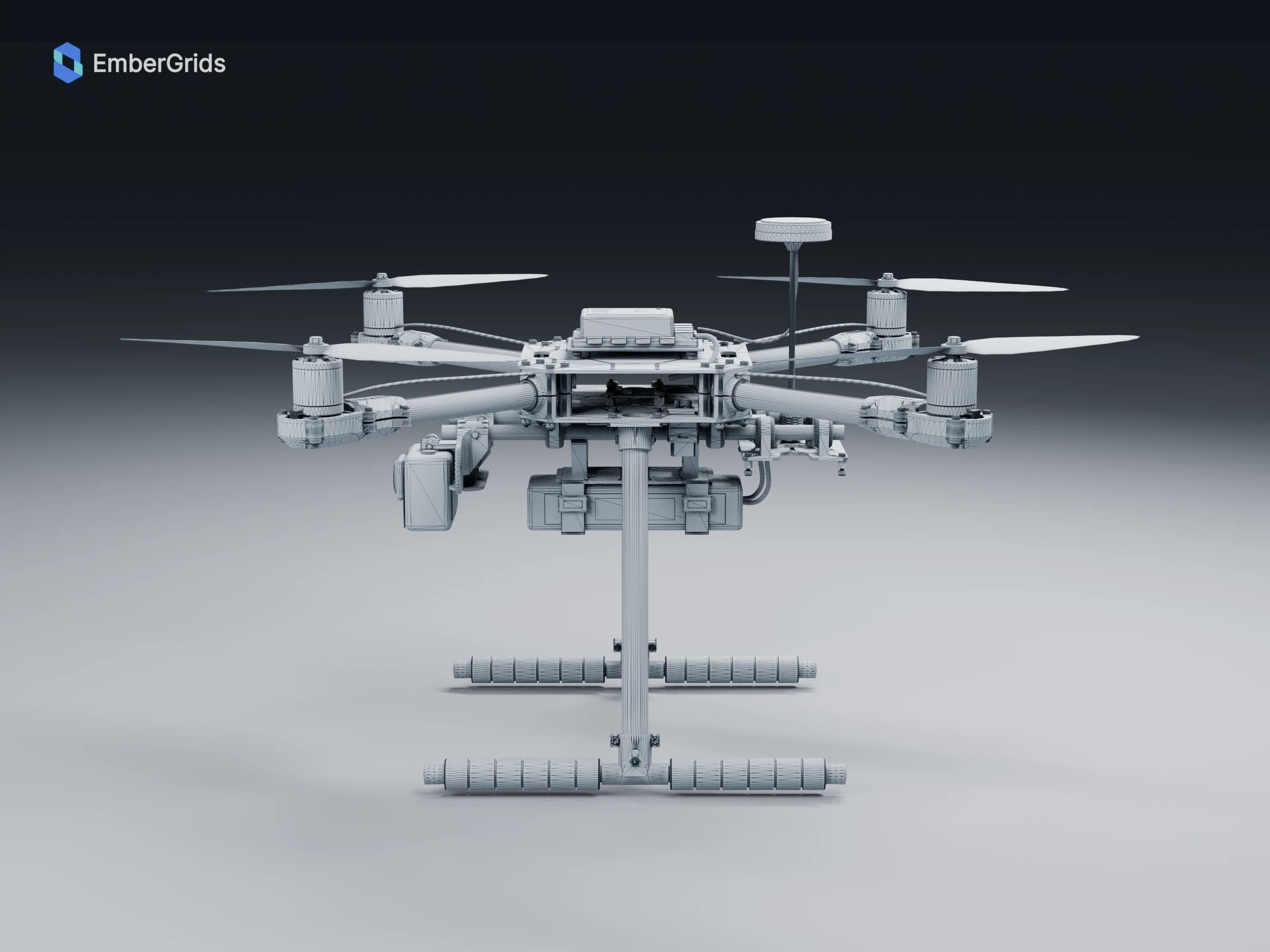 Wireframe render: front view of the quadcopter and camera assembly