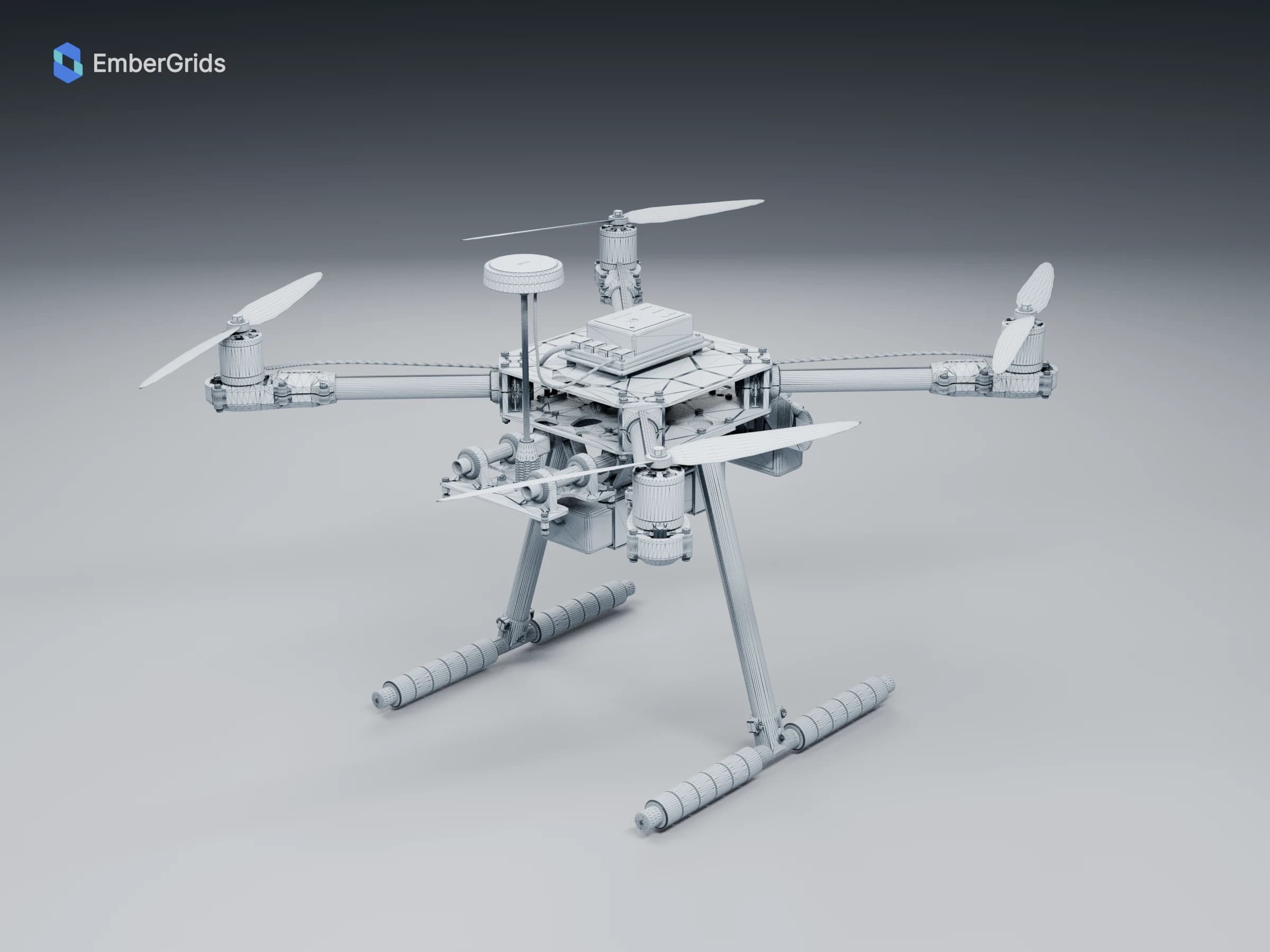 Wireframe render: rear three-quarter view of the airframe and landing gear
