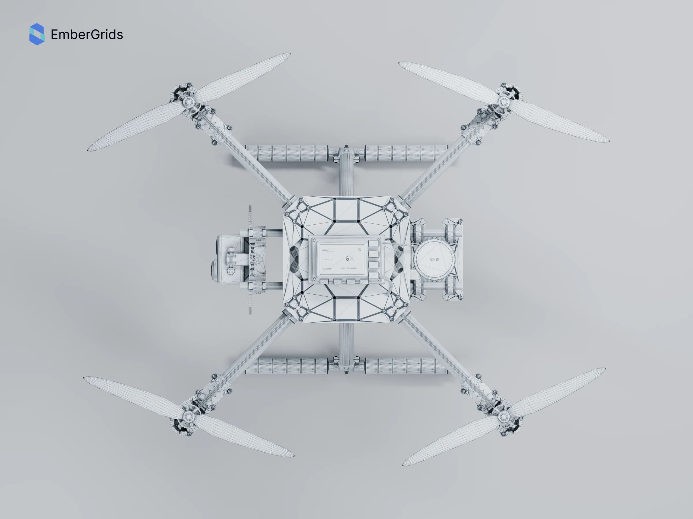 Wireframe render: overhead view of the four-rotor airframe