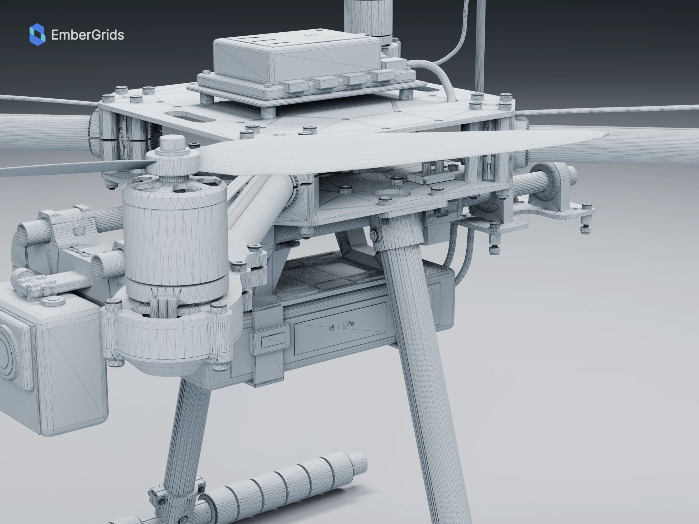 Wireframe render: close view of the camera and electronics assembly